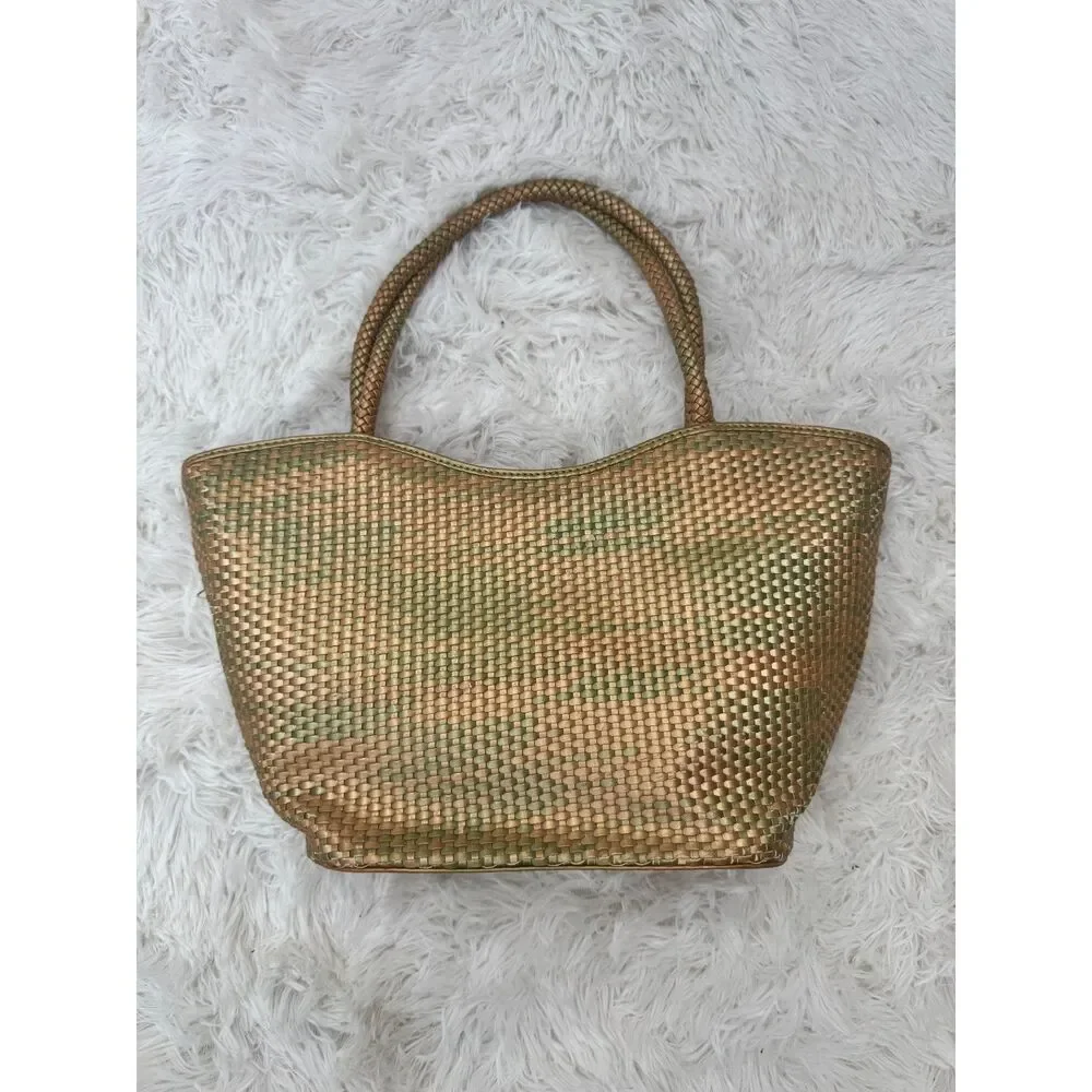 Cabouchon Woven Metallic Gold Leather Tote with Oversized Flower Applique